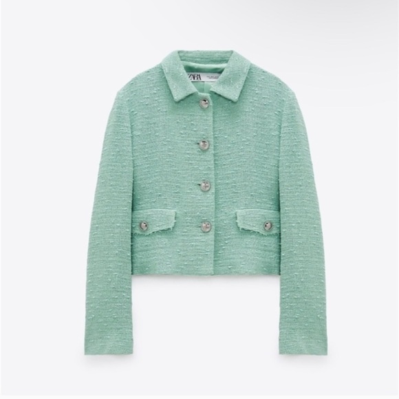 Zara Light Green Cropped Tweed Blazer. Size M. Mint Green. Chanel Inspired. - Picture 1 of 8